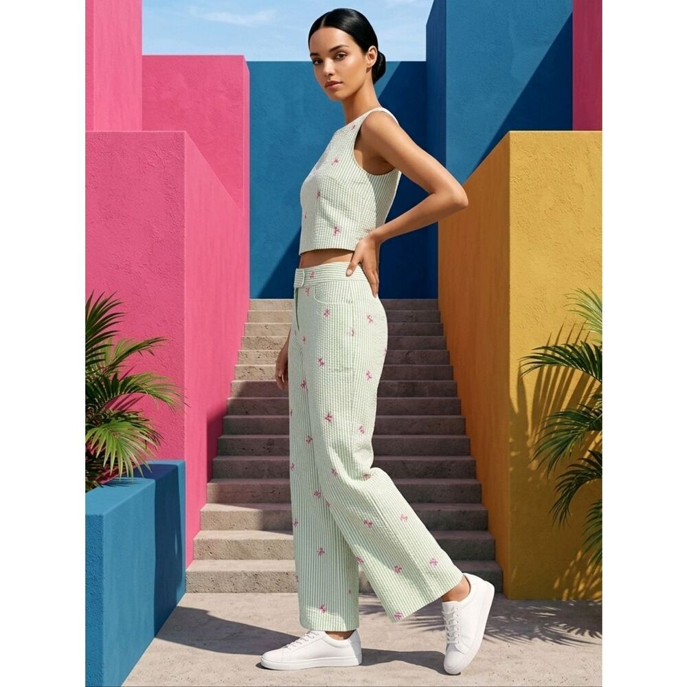 🔹️Details by Buschwacker Green Seersucker w/Pink Monkeys Capri Pants Size 8